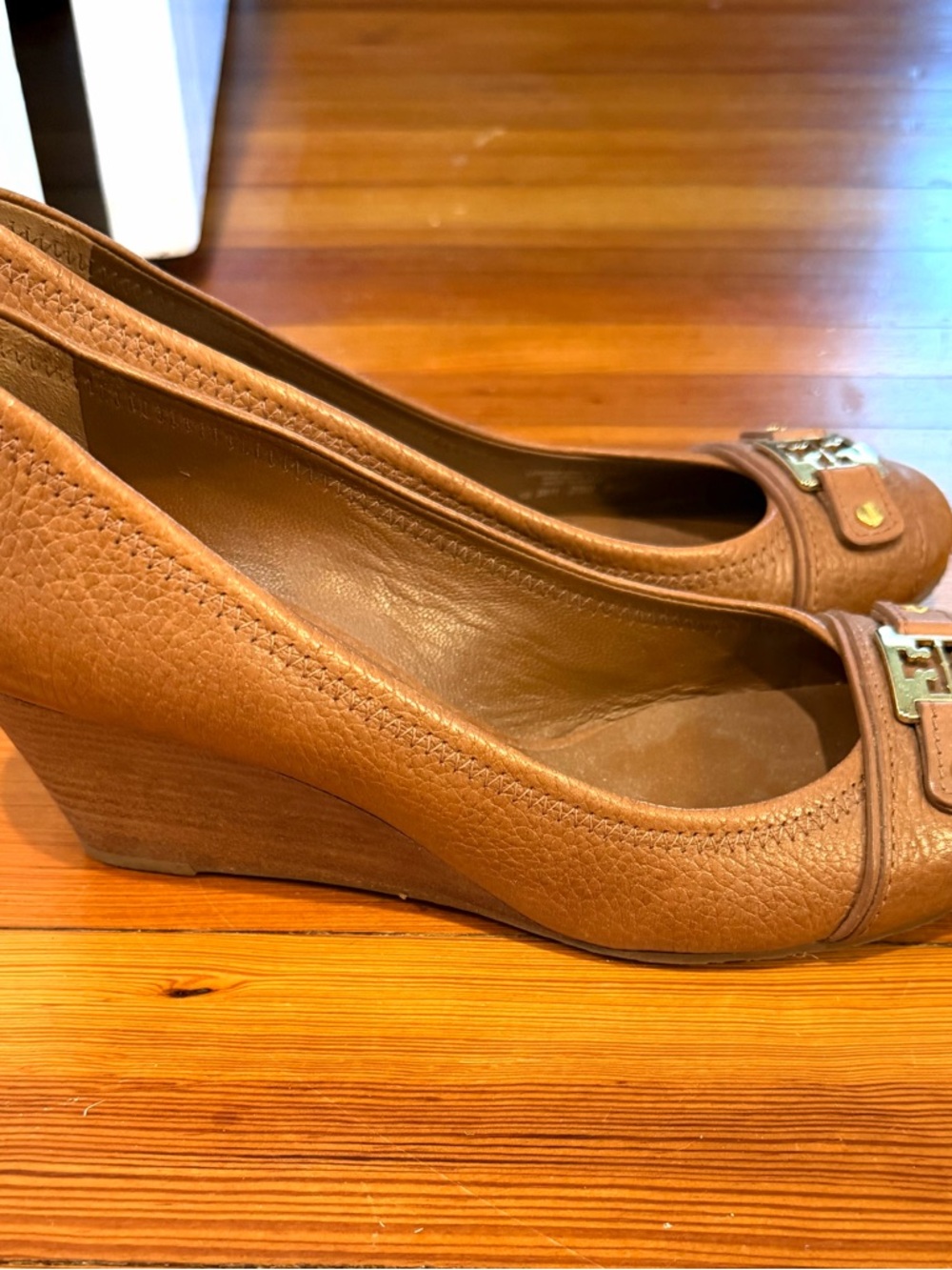 Tory Burch Cognac Pebbled Leather Wedge Loafers with Logo Hardware